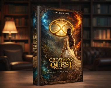 Creation’s Quest epic fantasy book cover design with celestial lighting by Sawaira Asghar