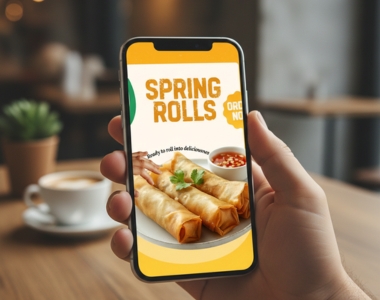 Spring rolls food promotion social media post design with vibrant layout by Sawaira Asghar