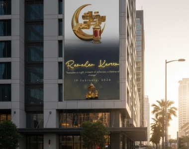 Ramadan Kareem greeting social media post design with golden crescent and lantern theme by Sawaira Asghar